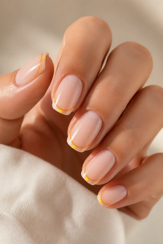 Medium squoval nails with milky pink base. A thin orange outline follows the French curve, and a small yellow cap sits at the very tip center.