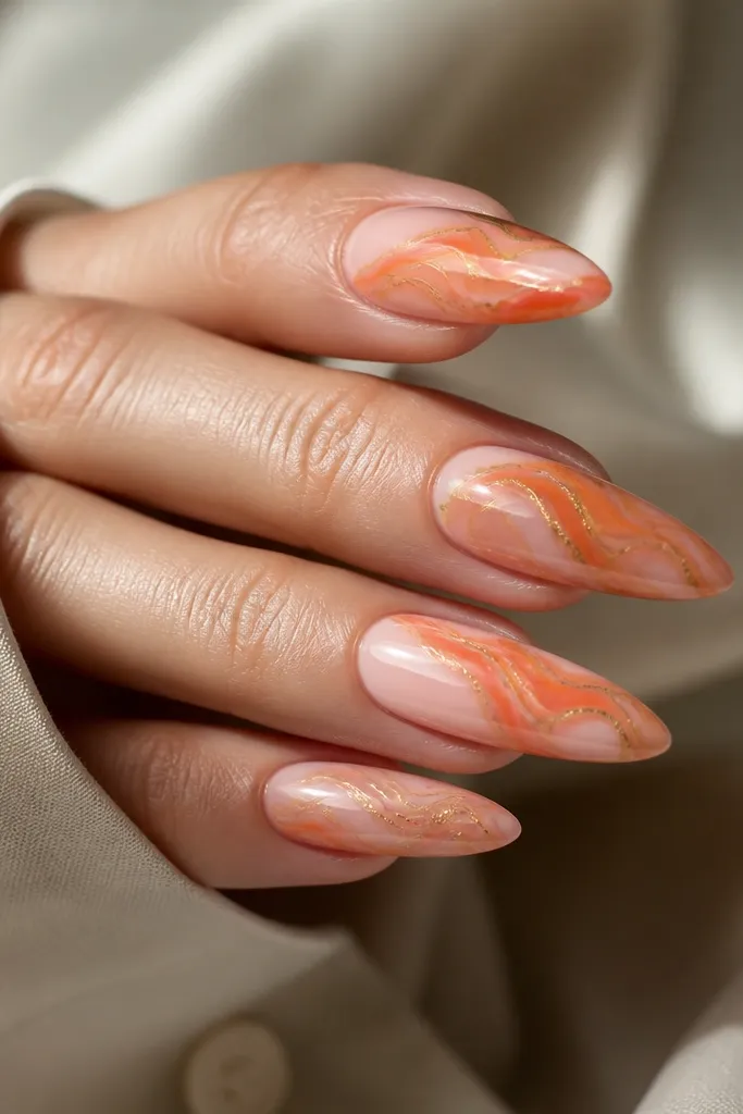 Long almond nails with a glossy marbled swirl of milky pink and orange. Thin yellow veins run through the marbling like highlights.