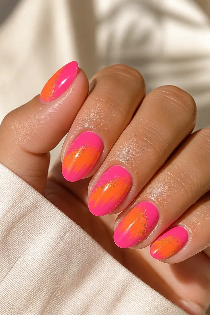 Medium oval nails with a glossy hot pink base. Each nail has an orange swipe across the middle half, and a tiny sprinkle of yellow micro glitter concentrated near the swipe edge.