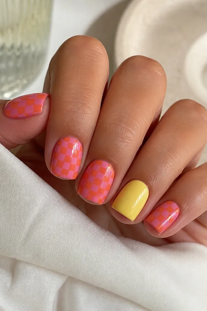 Short square nails. Four nails have a tiny checker pattern in pink and orange, and one nail is solid buttery yellow with a glossy top coat.