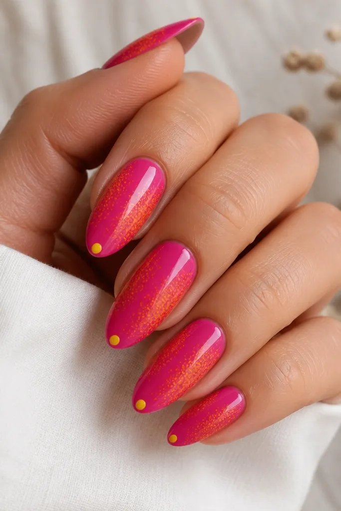 Medium almond nails with a deep glossy pink base. Orange stipple fades from the middle toward the sides, and a single yellow dot sits at the tip center.