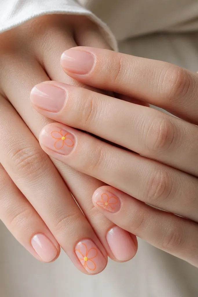 Short oval nails with a sheer pink base. Orange line-art flowers sit on two nails per hand, each flower having a yellow dot in the center.