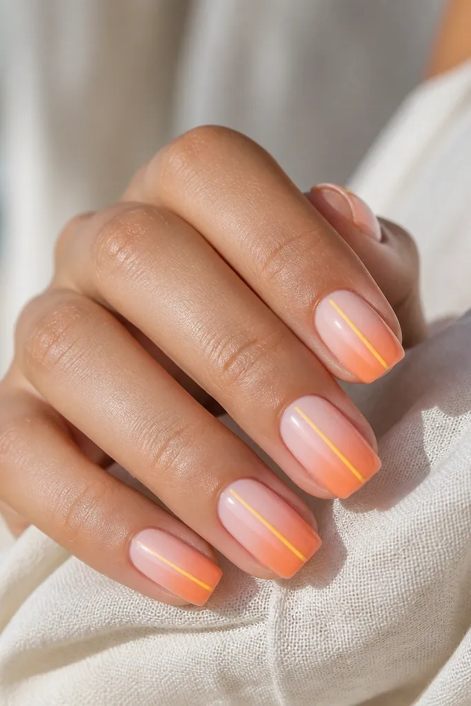 Medium squoval nails. The tips fade from milky pink into orange, and two thin yellow micro stripes run vertically down the center on each nail.