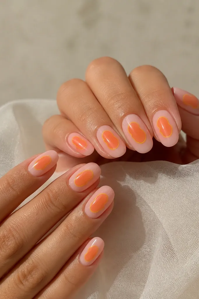 Medium oval nails with a jelly-soft pink base. Orange jelly shapes peek through as blobs near the center, each blob has a thin yellow outline.
