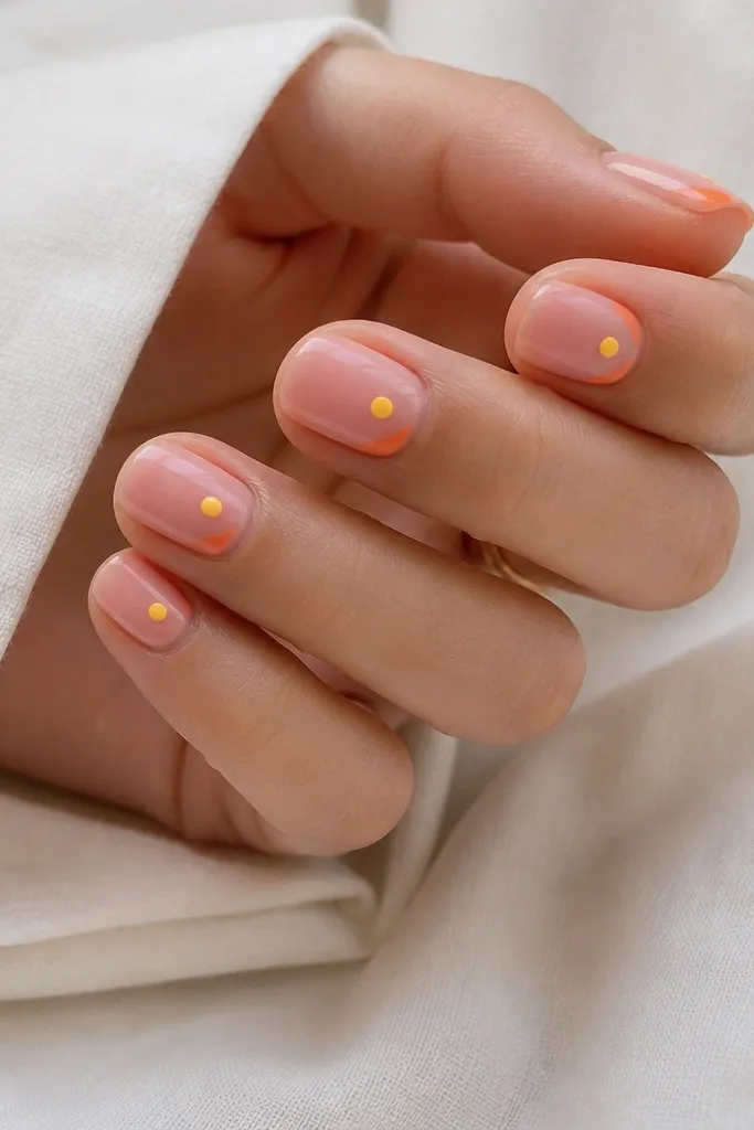 Short square nails in sheer pink. One corner of each nail has an orange angled cut shape, and a yellow dot sits in the center of the nail.