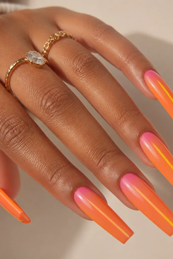 Long coffin nails. The cuticle area fades in pink and orange, with two orange side bars running down the sides and a single yellow line down the center.