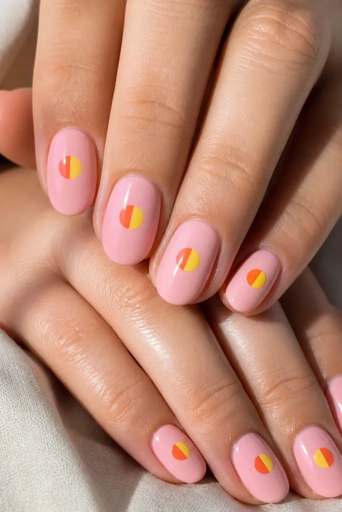 Medium round nails with a glossy pink base. Each nail has two half-drop dots: orange on the left half and yellow on the right half, forming a single circle split by color.