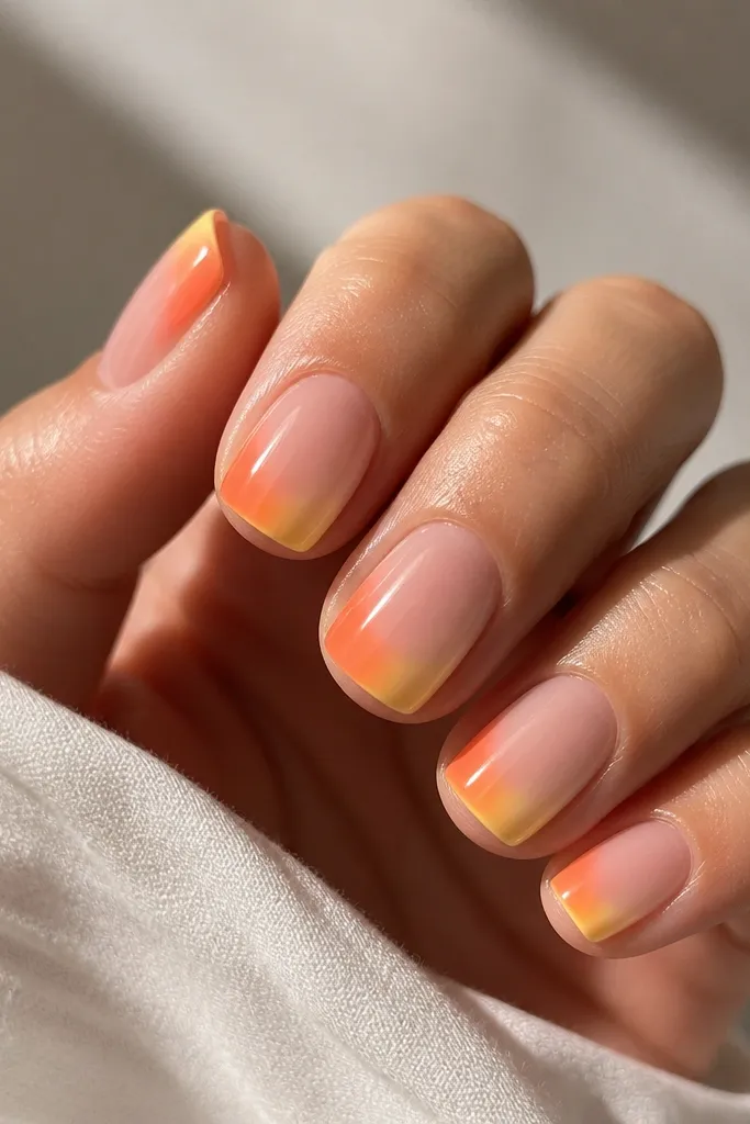 Short squoval nails with a sheer pink base. One side of each nail has a French-style swipe blending orange into yellow toward the tip edge.
