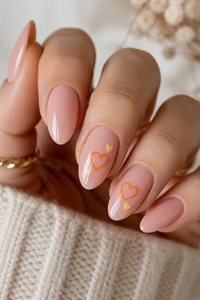 Medium almond nails with a glossy pink base. Two nails have orange outline hearts near the center, and tiny yellow mini hearts sit beside them.