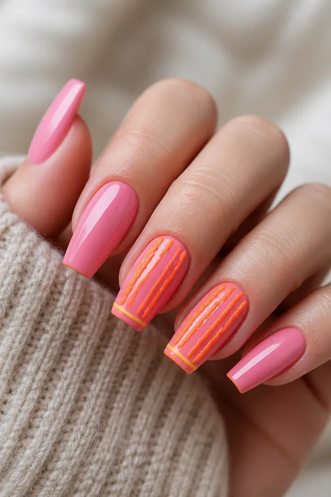 Medium coffin nails with glossy pink base. Two nails show an orange raised cable twist pattern. A thin yellow line runs horizontally near the tip on those same nails.