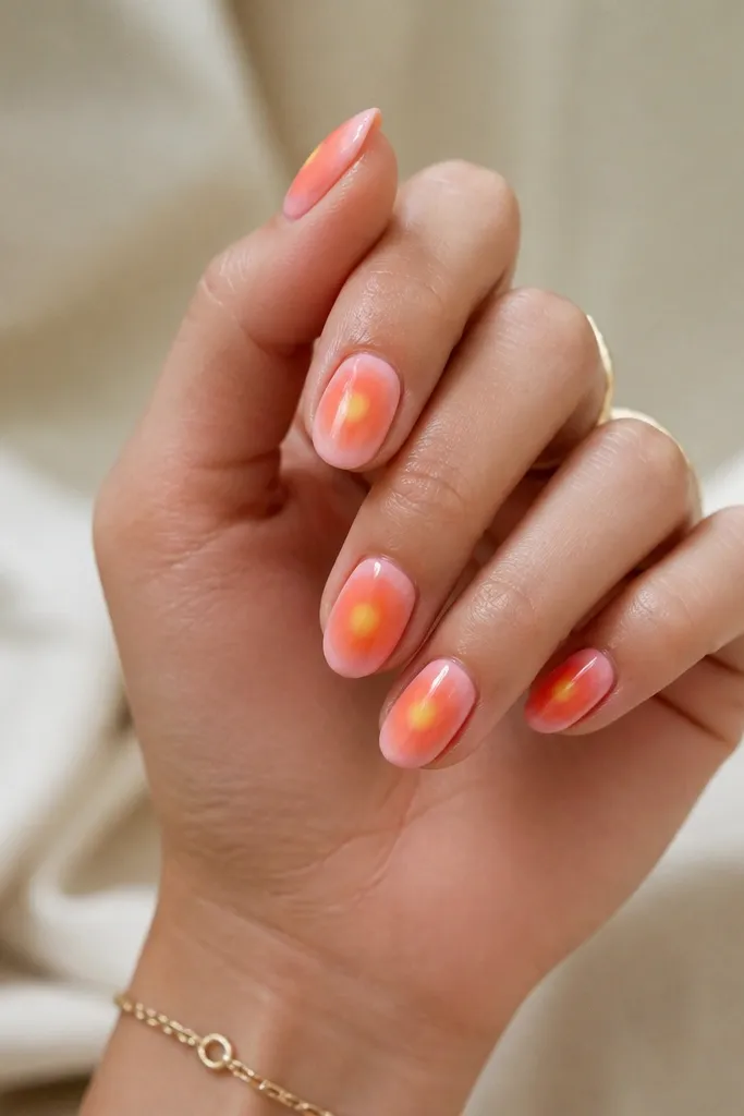 Short almond nails. A soft pink aura fades at the edges, an orange ring sits around the center, and a bright yellow dot is placed in the middle.