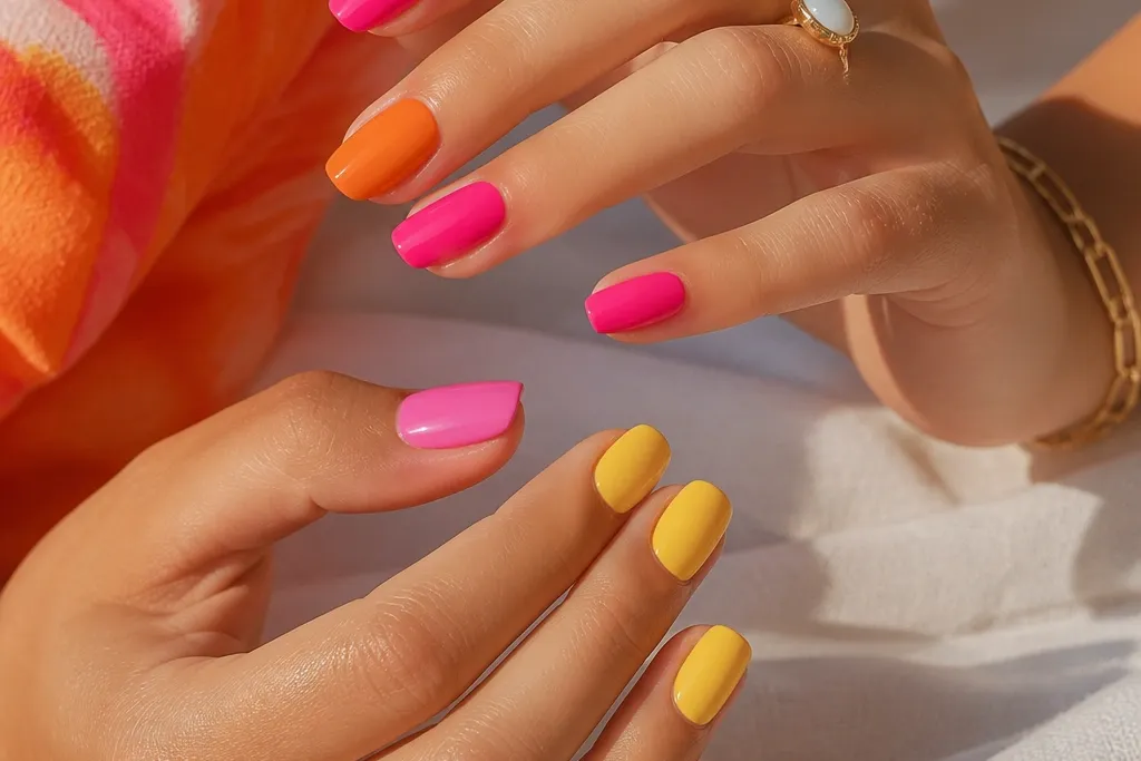 Beautiful pop Pink Orange And Yellow Nails ideas