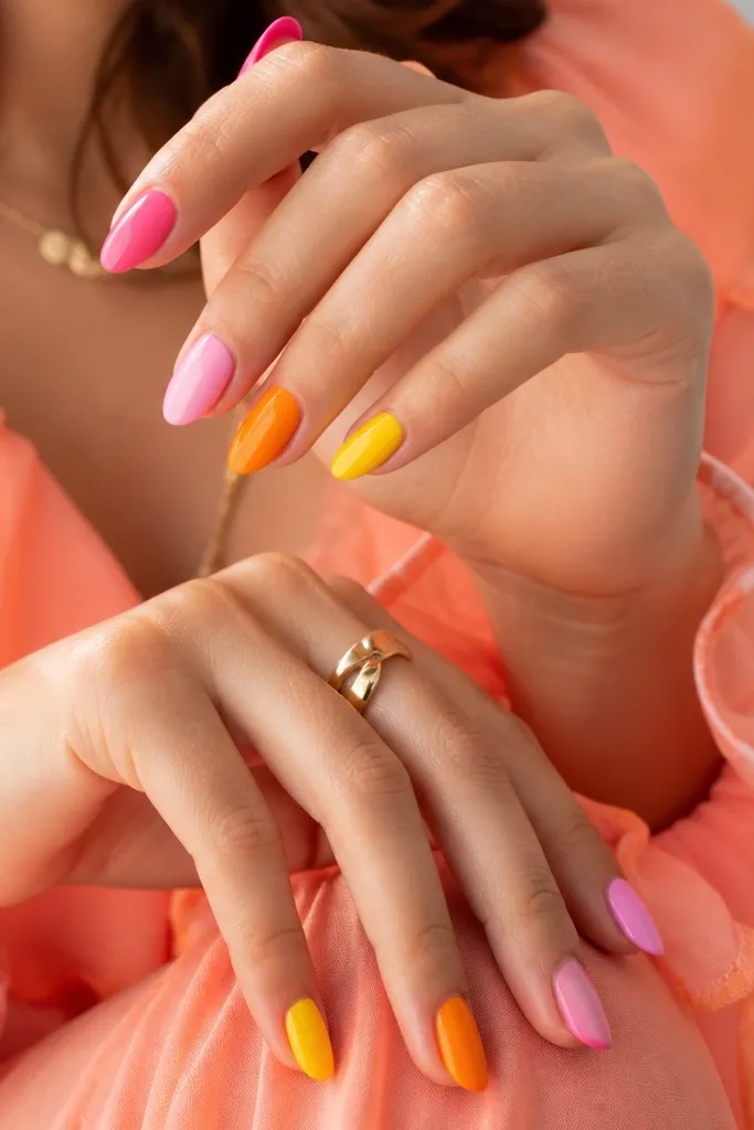 Beautiful pop Pink Orange And Yellow Nails ideas