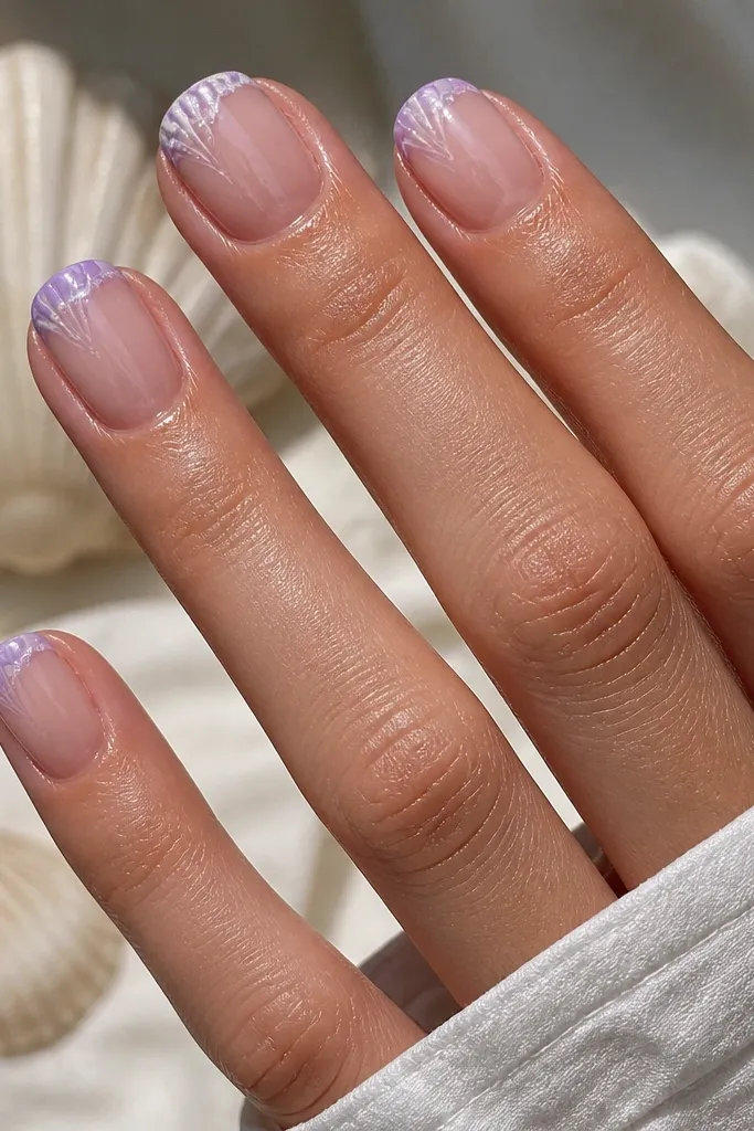 Short square nails. The center area stays bare or sheer nude. The tips have lilac shell ridges fading from deeper lilac at the edge to lighter lilac toward the center. Fine white foam highlights at the tip edge.