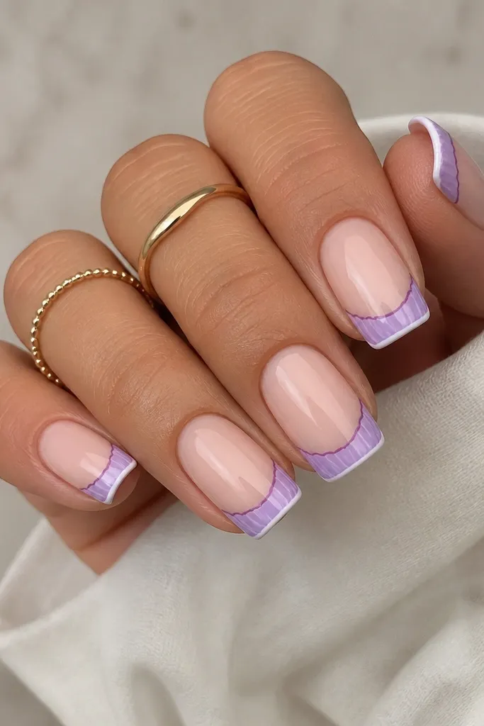 Medium square nails. Nude base. French tip painted in lavender with a deeper purple outline. Shell ridges are faint within the French tip area. A thin white rim traces the outer edge of the French.
