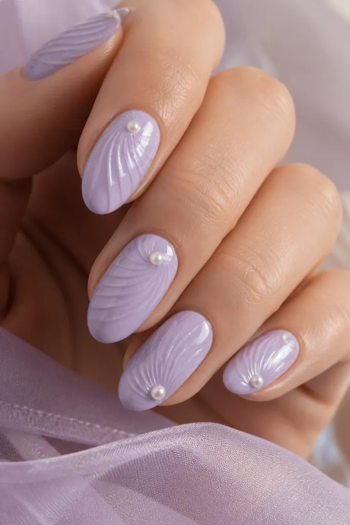 Medium oval nails. Base is pale lilac. Shell ridges are drawn in a slightly darker lilac that curves in a swirl pattern. A few small pearl dots sit at the swirl turns. No white foam line, mostly pearl highlights.