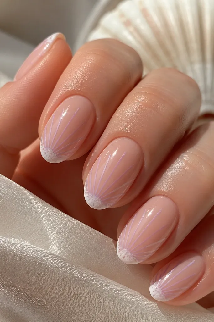 Short almond nails. Base is peachy nude. Shell ridges are soft lavender with a faint milky white foam line. The ridges are thin and spaced evenly. High gloss.