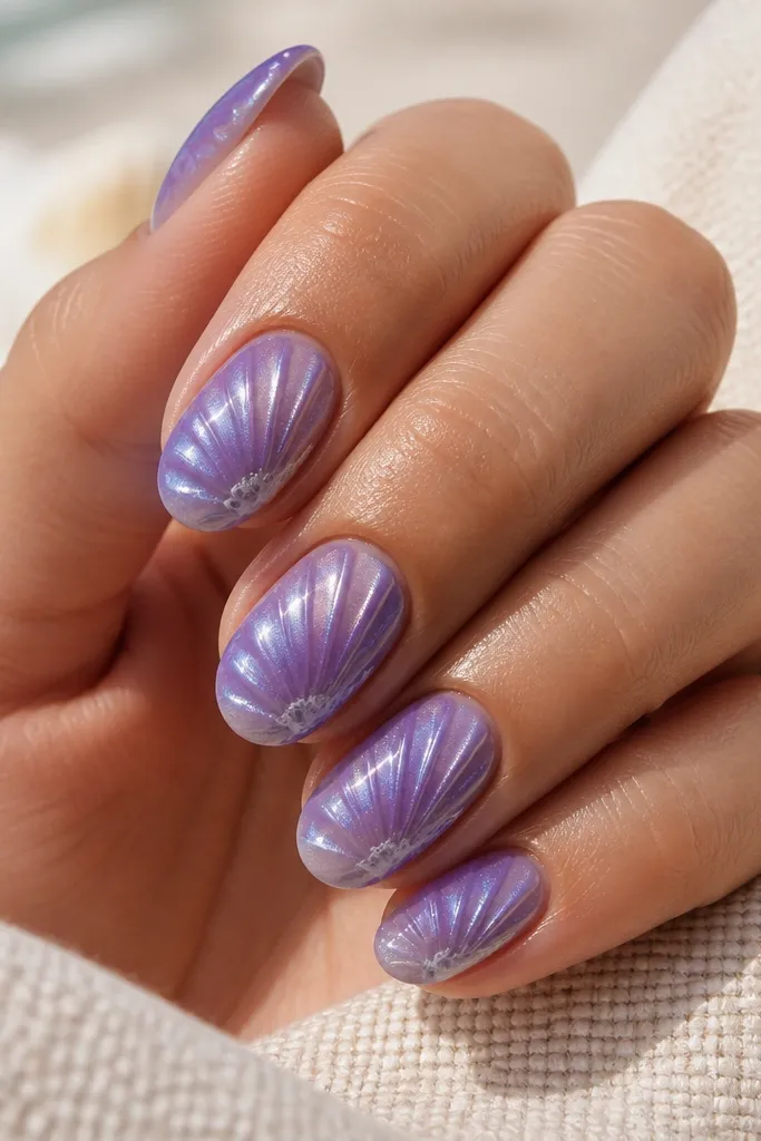 Medium oval nails. Base is violet purple. Shell ridges are drawn in lighter lavender, and the ridges have pearlized shimmer that shifts slightly. A thin milky white foam line runs along the outer ridge edge. Gloss finish.