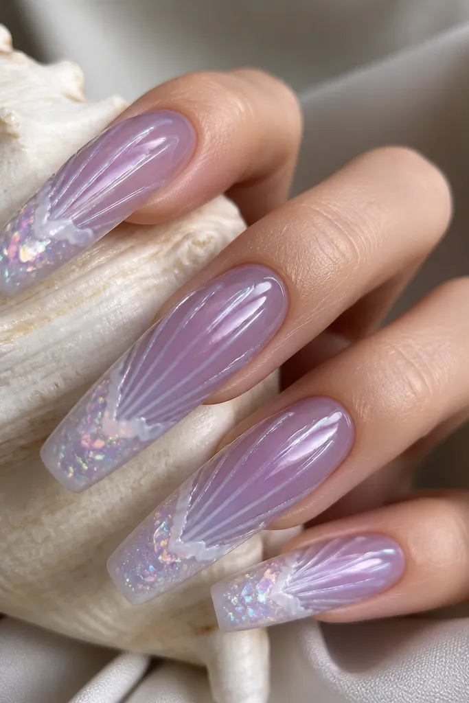 Long coffin nails. Base is sheer purple. Shell ridges are semi-transparent lavender down the center. Opal flake is scattered only at the tip area, with a milky white foam edge between ridges and flake. Glossy topcoat.