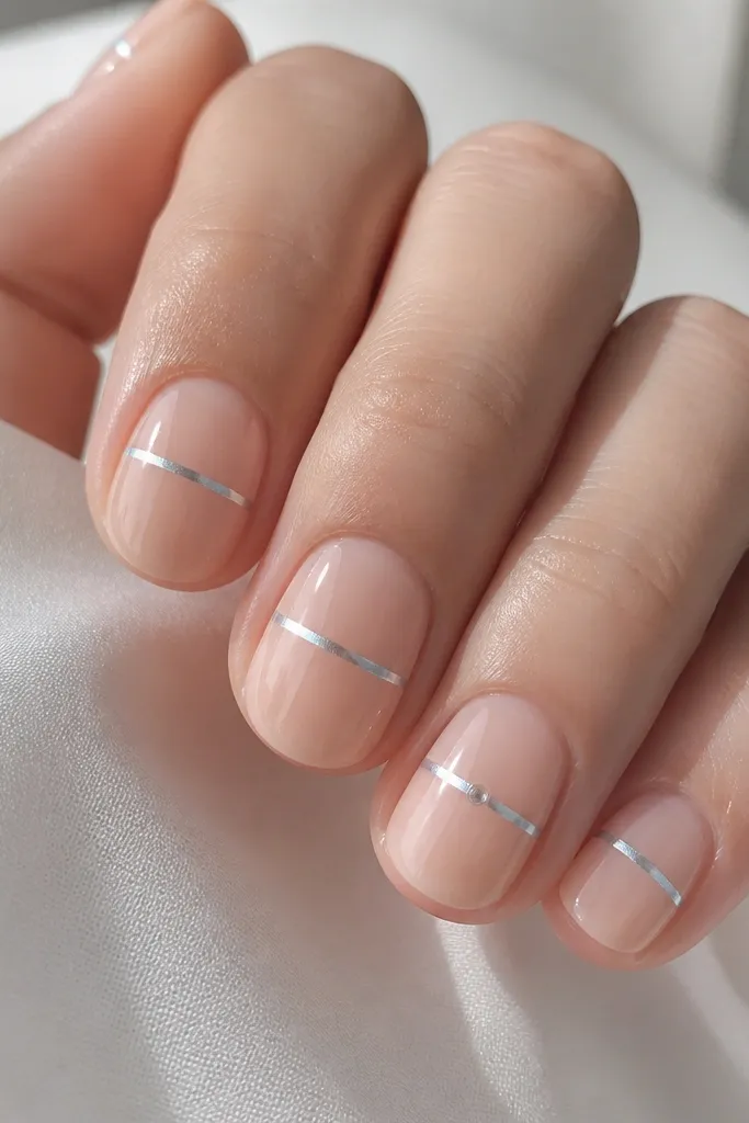 Short oval nails with a thin icy blue chrome micro French line near the center of each nail; one nail has a single tiny clear rhinestone placed at the outer corner of the blue line; high mirror shine, pale nude base.