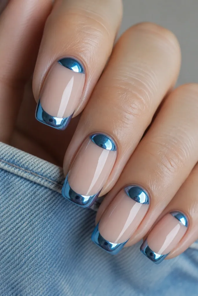 Medium squoval nails with denim blue chrome French tips; the cuticle area has a reverse half-moon of matching denim chrome, leaving a nude gap; one accent nail has a slightly thicker half-moon; mirror finish.