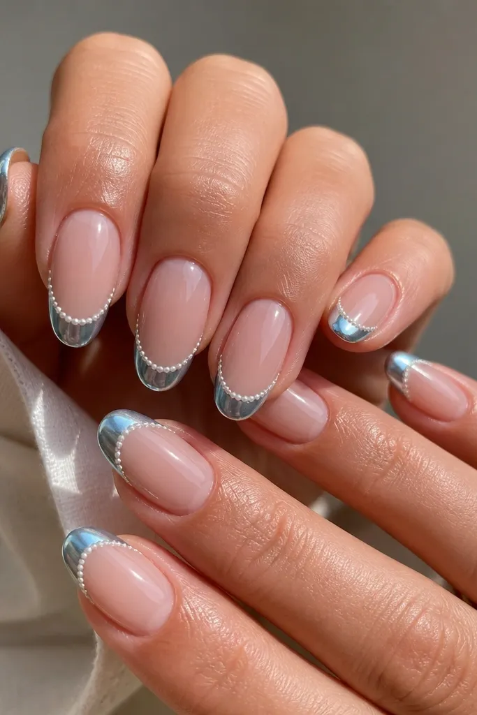 Medium oval nails with icy blue chrome French tips; along the curve of the smile line there are tiny white pearl micro beads placed like a thin border; nude base, glossy mirror shine.