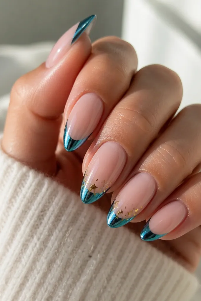 Short stiletto nails with ocean-teal blue chrome French tips; two nails have tiny gold star confetti scattered just under the chrome curve; high shine, nude base.