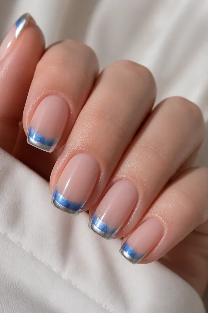 Medium squoval nails with French tips where the blue chrome fades into silver at the outer edge; smooth gradient within the French area; nude base, high shine.