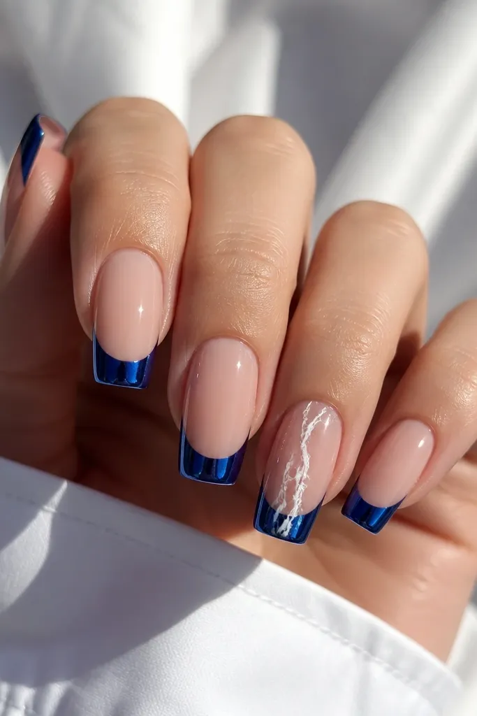 Long squoval nails with royal blue chrome French tips; one accent nail shows thin white marble veins running vertically from cuticle toward the French area; glossy chrome and marble texture.