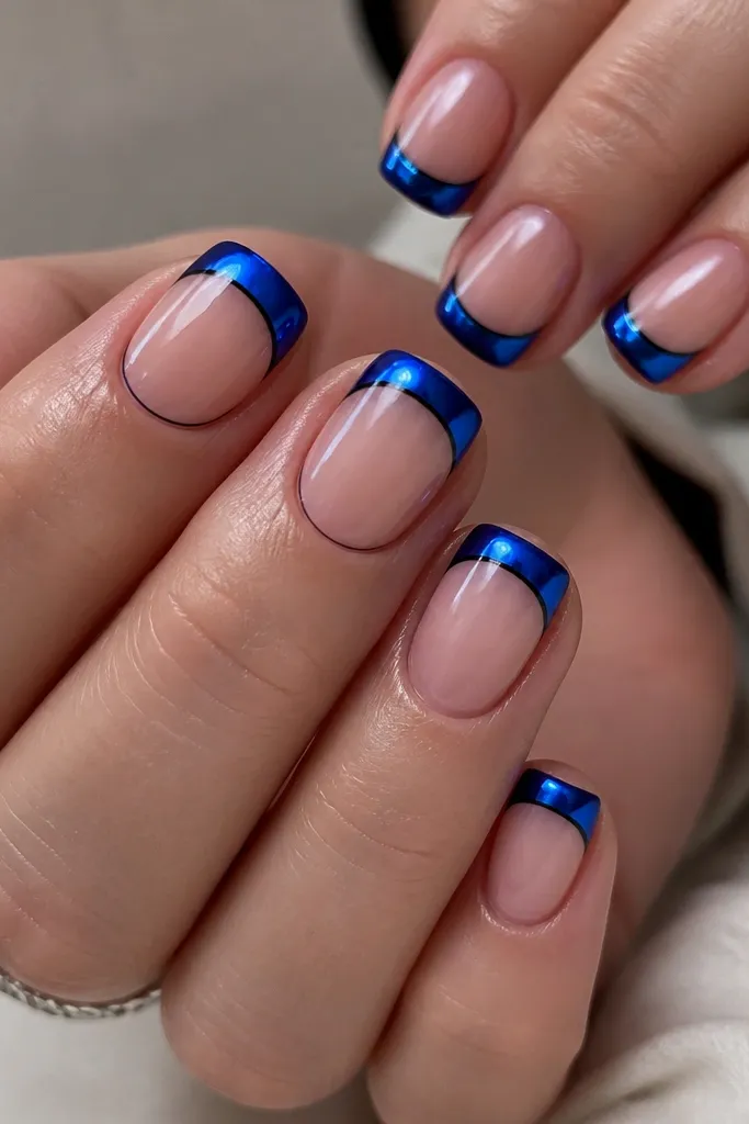 Short square nails with bright blue chrome French tips; a thin black outline traces the smile line on the nude side; mirror shine, high contrast.