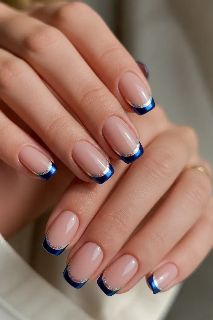 Medium squoval nails with blue chrome French tips; along the edge of the French line there is a thin holographic shimmer band that shifts pink-green; nude base, mirror shine.