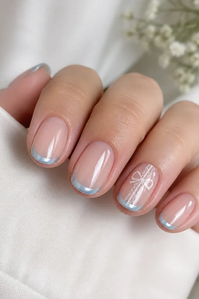 Short oval nails with icy blue chrome French tips; ring finger has a small white lace ribbon pattern under the blue line, forming a vertical ribbon shape; other nails are plain chrome French; glossy finish.