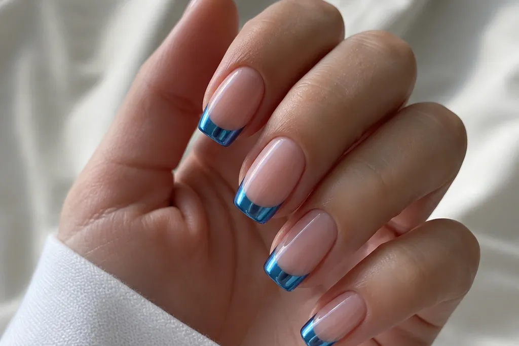 Removable blue chrome French nails