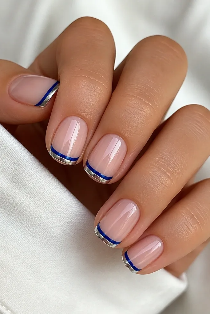 Short square-short nails with a glossy nude base. The French tip is a thin royal blue line across the free edge. A narrow silver outline hugs the outer edge of the blue, like a frame. The blue stays matte-glossy while the silver looks mirror-bright.