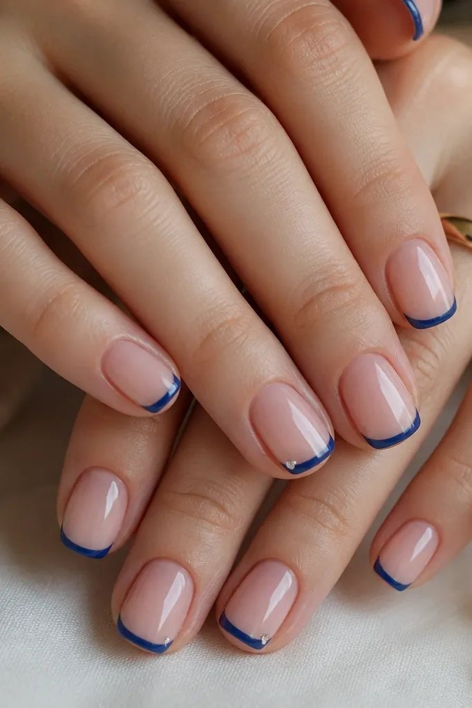 Short soft-squoval nails with a sheer nude base. Thin royal blue French tips form a shallow arc. At each side corner of the tip on two accent nails, there's a tiny clear rhinestone, placed on the outer edge of the blue. Everything is glossy, and the rhinestones look like small drops of light.