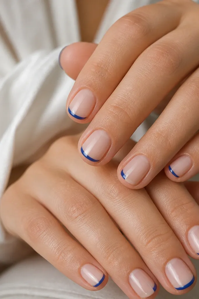 Short nails in a glossy nude base. Most nails have a thin royal blue French tip. Two accent nails have the French tip but with a small nude "skittle" panel on one side, leaving a clean negative space. The accents are subtle and keep the blue from taking over.