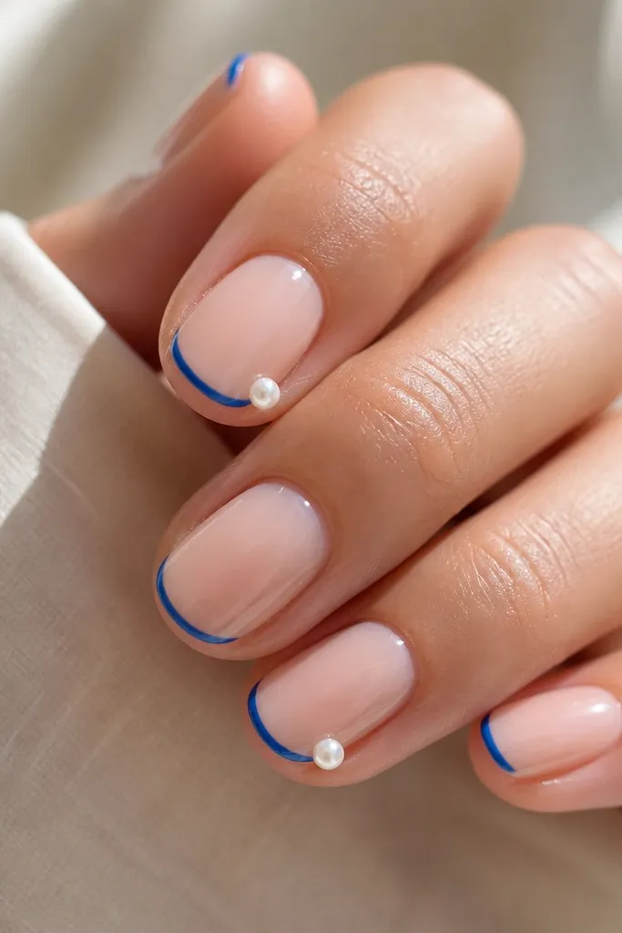 Short nails with a glossy sheer nude base. Thin royal blue French tips form a shallow arc. On two accent nails, there are small pearl half-drop charms placed on the outer corners of the French tip. The pearls are creamy white and glossy, with a smooth dome shape.