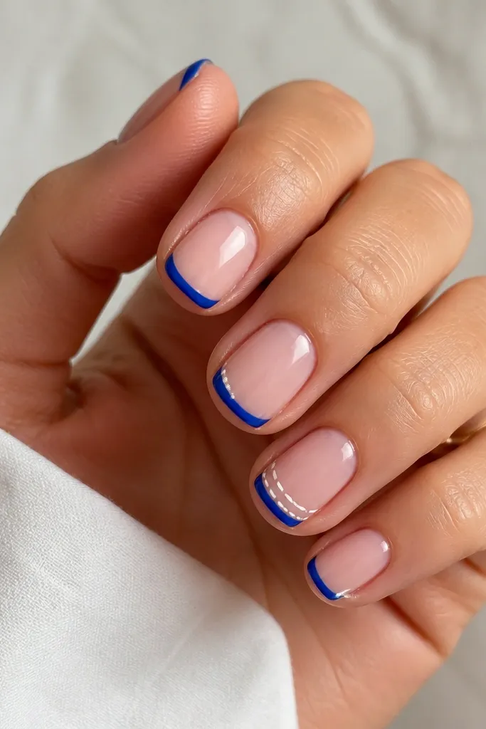 Short nails with glossy nude base. Thin royal blue French tips are outlined by a tiny white stitch pattern - small dashes and two parallel lines on the outer edge. The stitch detail is only on two nails, while the others are plain royal blue French.