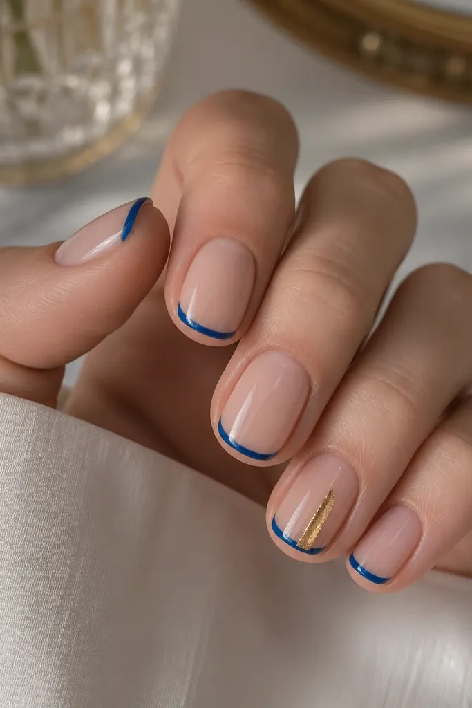 Short nails with glossy nude base. Thin royal blue French tips. On one accent nail, there is a single vertical-gold foil line running from the outer corner of the blue tip down about one-third of the nail. The gold line looks like torn foil edges but is neatly placed.