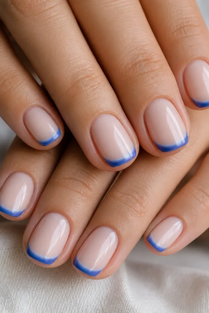Short nails with a glossy nude base. The French tip starts deep royal blue at the outer edge and fades lighter toward the center of the tip. The smile line is still arced and clean, but the blue has a soft gradient. No glitter, just smooth fade.