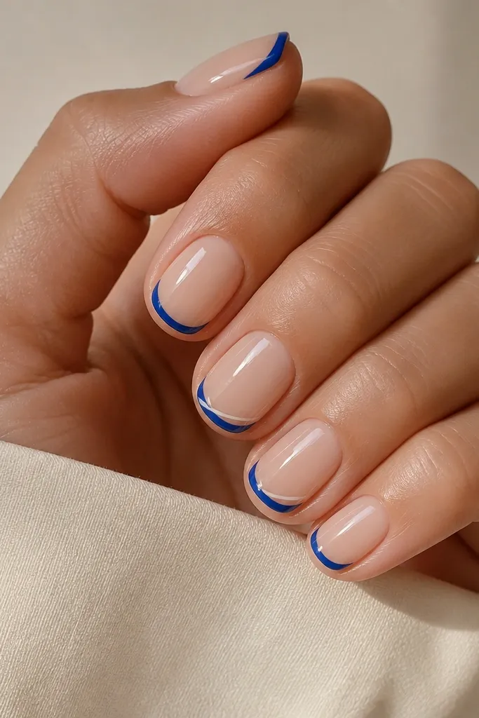 Short nails with glossy nude base. Thin royal blue French tips in a shallow arc. On one accent nail, there's a tiny diagonal white line starting at the outer corner of the blue tip and slanting down toward the side wall. The rest of the nails are plain royal blue French.