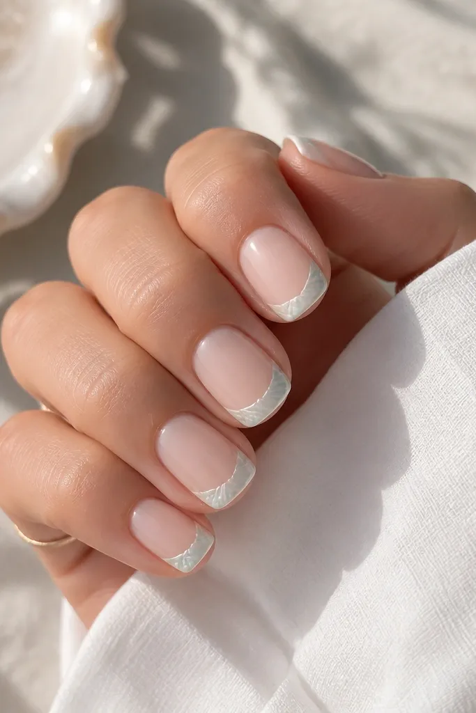 A hand with short squoval nails. The base is sheer milky pink. Each nail has a thin white French tip shaped like a soft smile. Inside the white tip, there are faint conch ridges in pale seafoam and pearl sheen, with tiny curved lines fading toward the center.