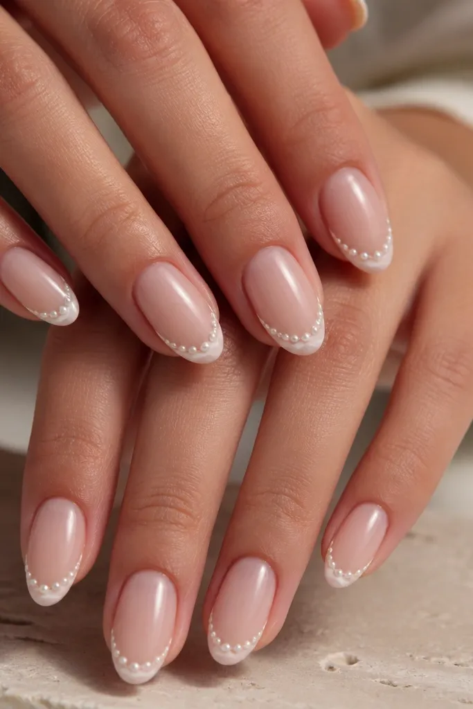 Medium almond nails with a milky nude base. French tips are thin and white. Over each tip, there are 6-10 tiny pearl dots in soft ivory, plus one faint curved wave line near the tip center.