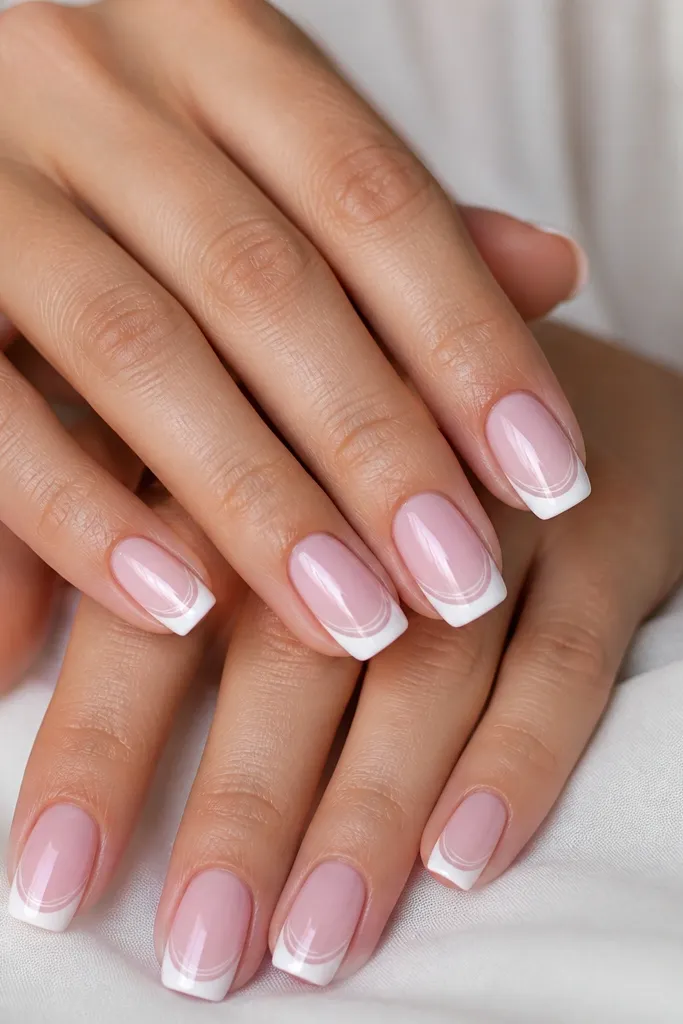 Squoval nails with a soft blush-pink base. The French tips are white but slightly thicker at the outer edges. Inside the tip, there are small wave arcs in very pale pink and white, like tiny ripples.