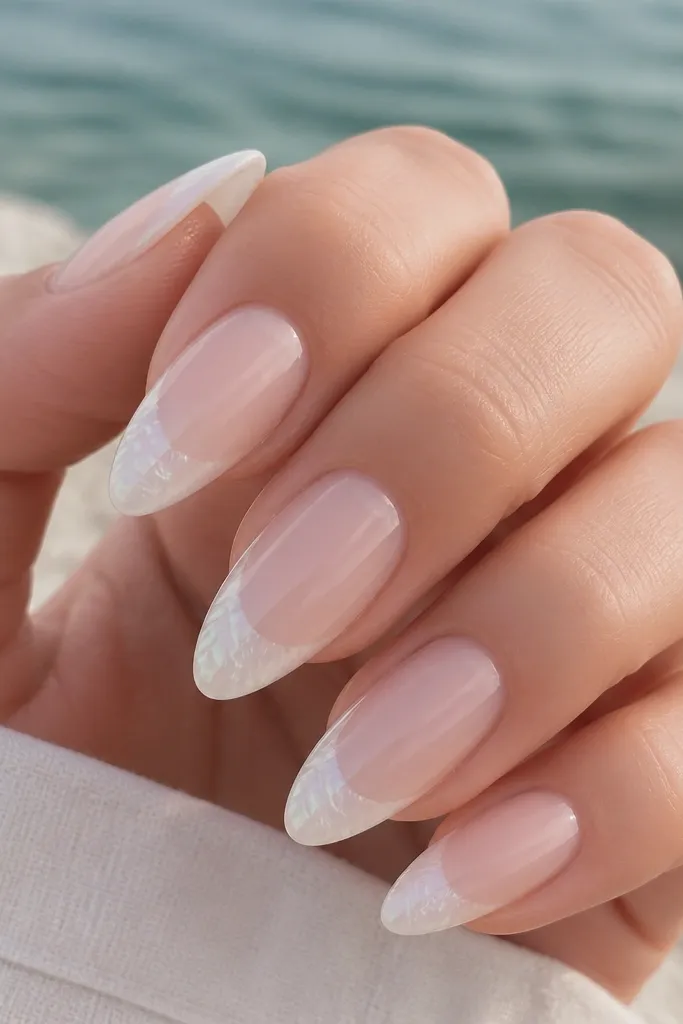 Longer almond nails with a sheer cool-toned nude base. French tips are translucent white with a slight milky finish. Over the tips, there's a faint iridescent shimmer that catches light like sea glass, with subtle curved shell lines barely visible.