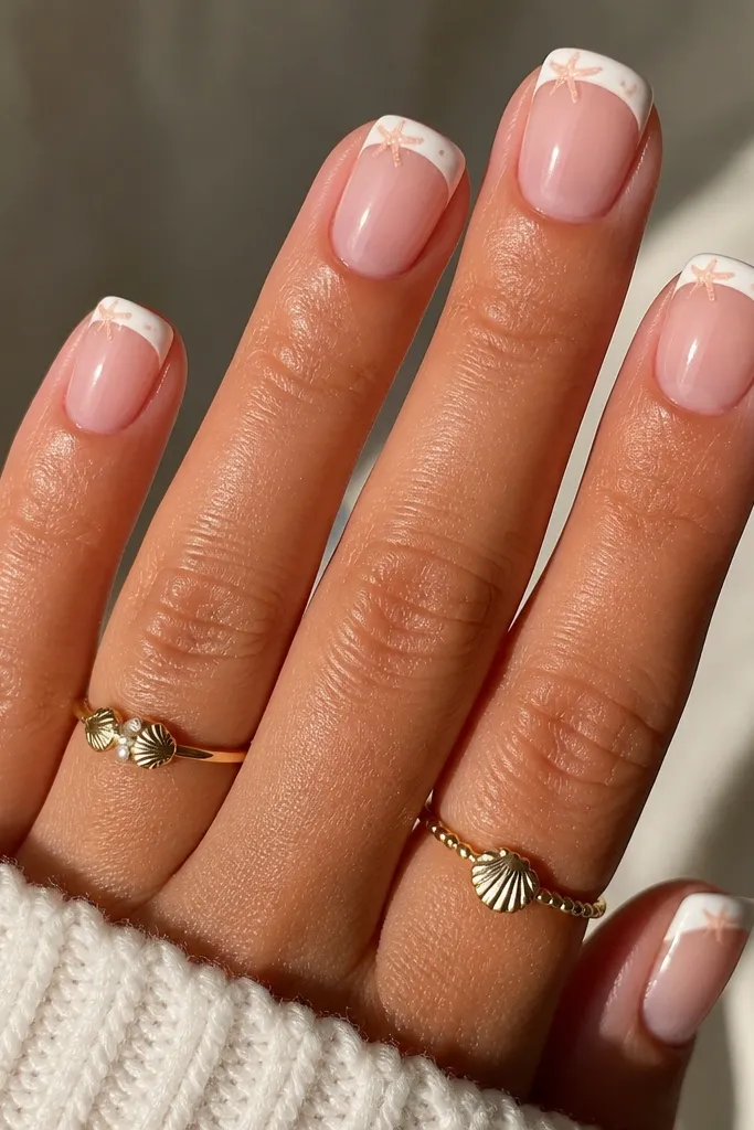 Short squoval nails with a sheer nude base. French tips are soft white. Along the edge of the tip, there's a thin off-white outline, and at the center of each tip there's a tiny starfish icon in pale peach with a single dot highlight.