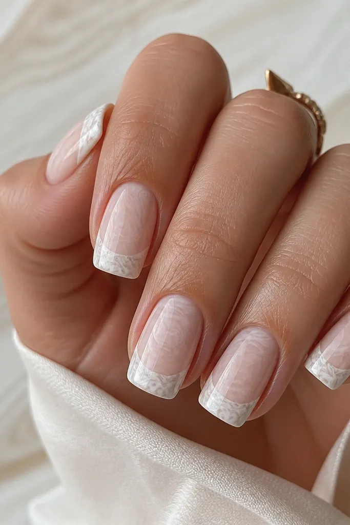 Squoval nails with a nude base that has faint marbling. French tips are white with a soft marble swirl pattern in pale gray and milky white. The shell effect is created by thin swirls that look like stone and shell mixed together.