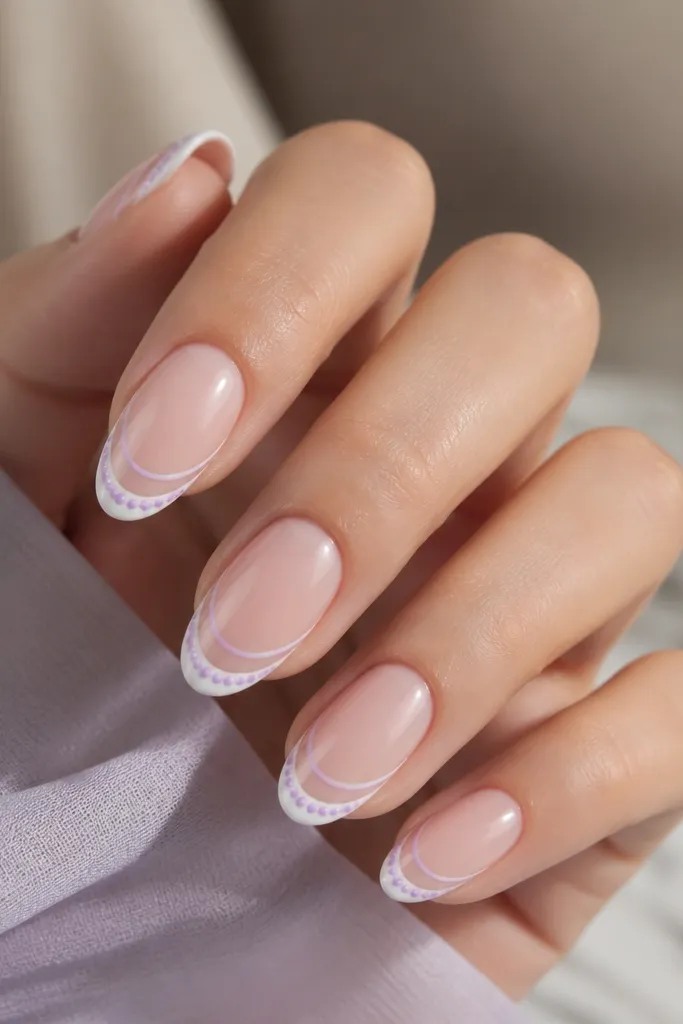 Medium almond nails with a sheer pale pink base. French tips are milky white. Inside each tip are tiny lavender pearl dots and a faint curved ridge line in pale lavender.