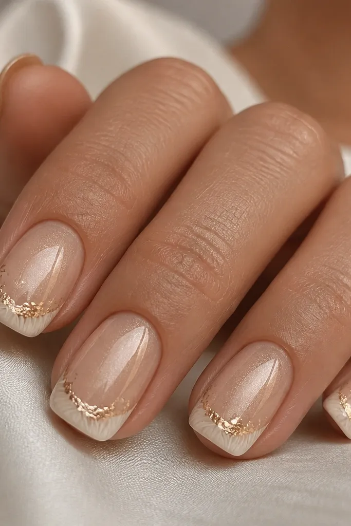 Short squoval nails with a sheer champagne nude base. French tips are creamy white. Over the tips are tiny gold foil flecks and a subtle curved shell line that looks etched.