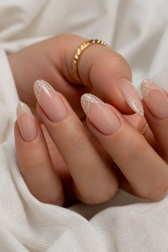 Almond nails with a nude base. The French tip is mostly negative space: a thin white outline traces the curve of the tip, with no filled white area. Inside the outlined tip, there are faint shell wave marks in white.